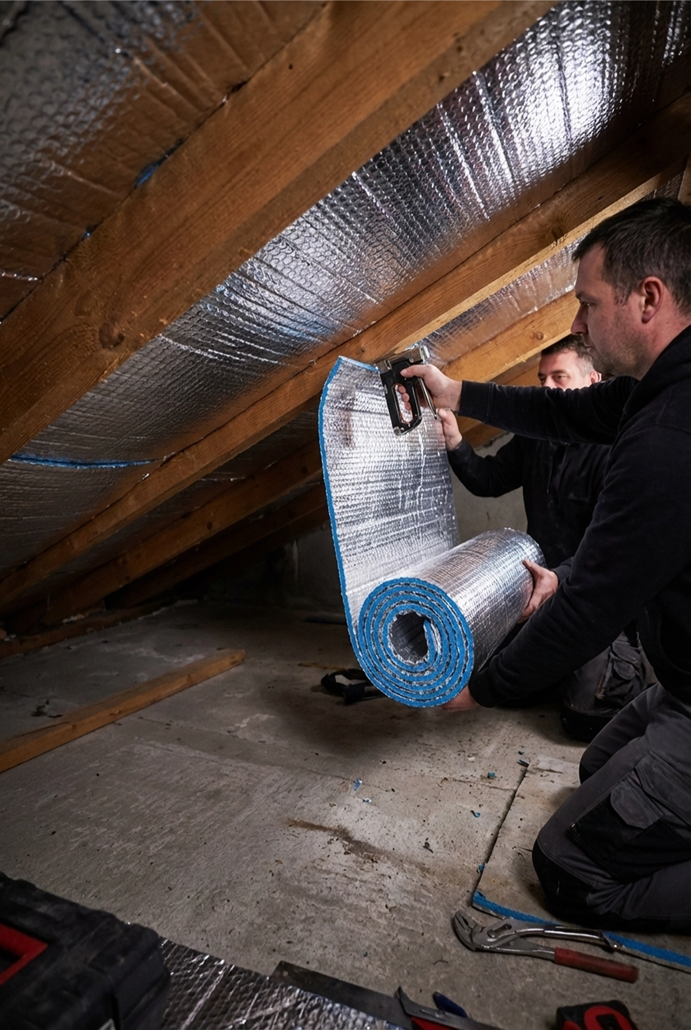 Dwóch pracowników montuje na drewnianych krokwiach poddasza matę odbijającą ciepło jako izolacja poddasza