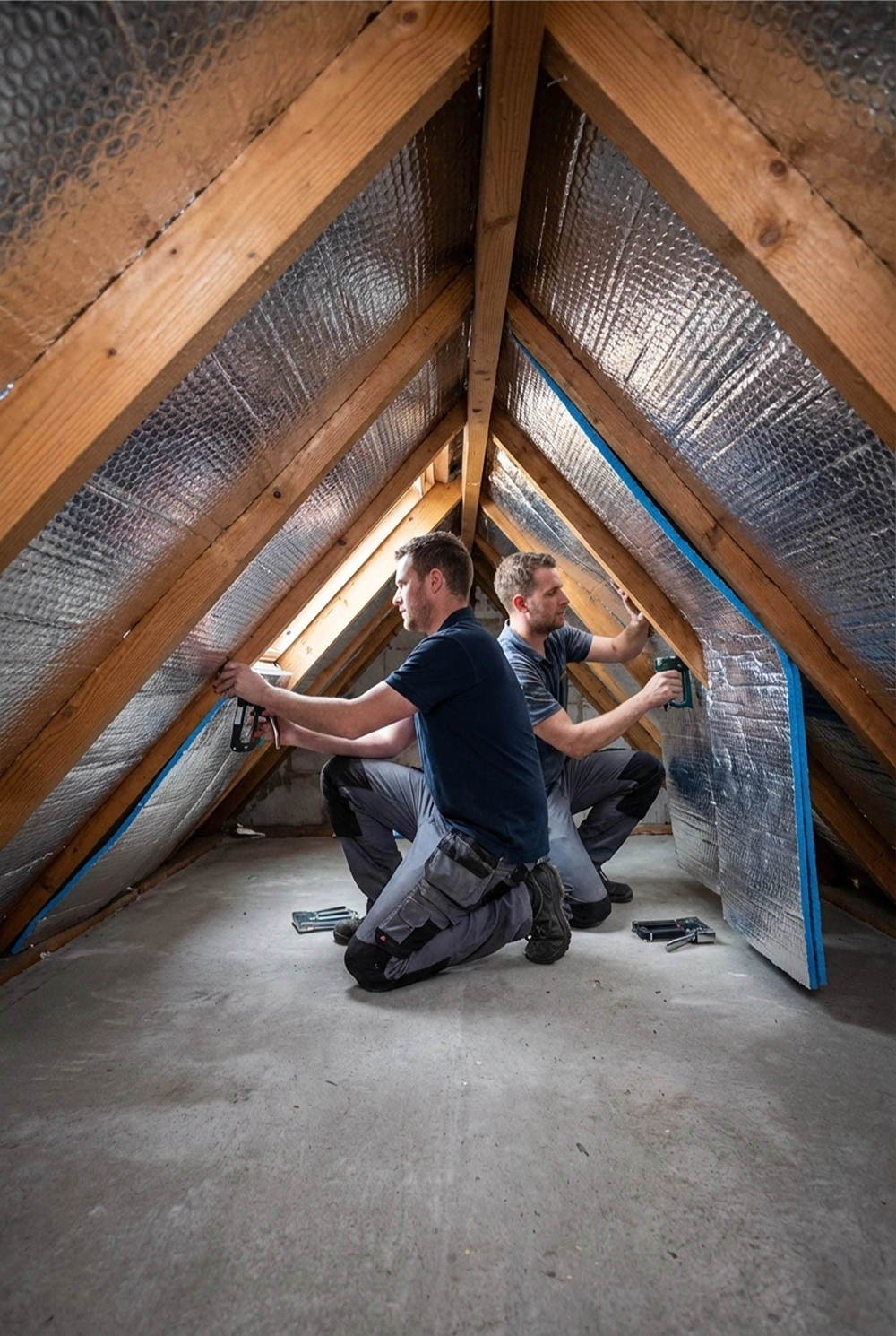 Dwóch monterów układa maty termoizolacyjne podczas ocieplenia poddasza nieużytkowego