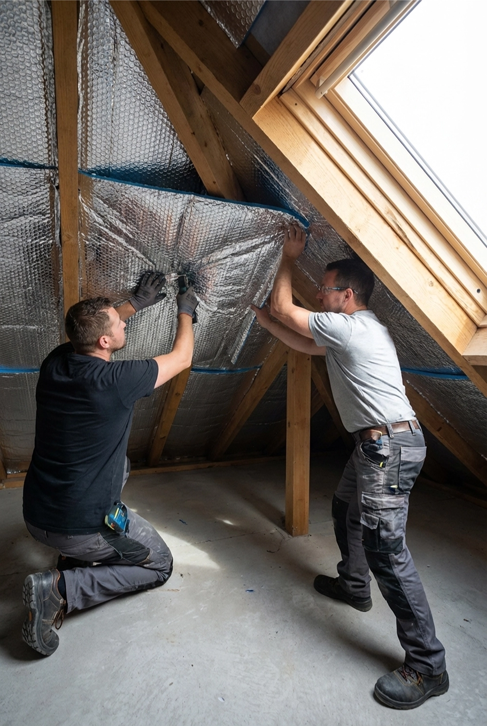 Dwóch pracowników montuje refleksyjną izolację poddasza przy drewnianych krokiewkach