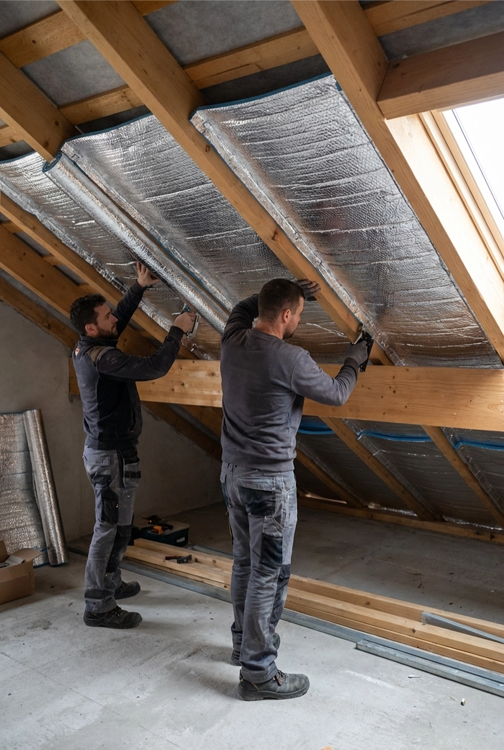 Dwóch pracowników montuje w połaci dachowej folijną matę izolacji termicznej między drewnianymi krokwiami – izolacja poddasza