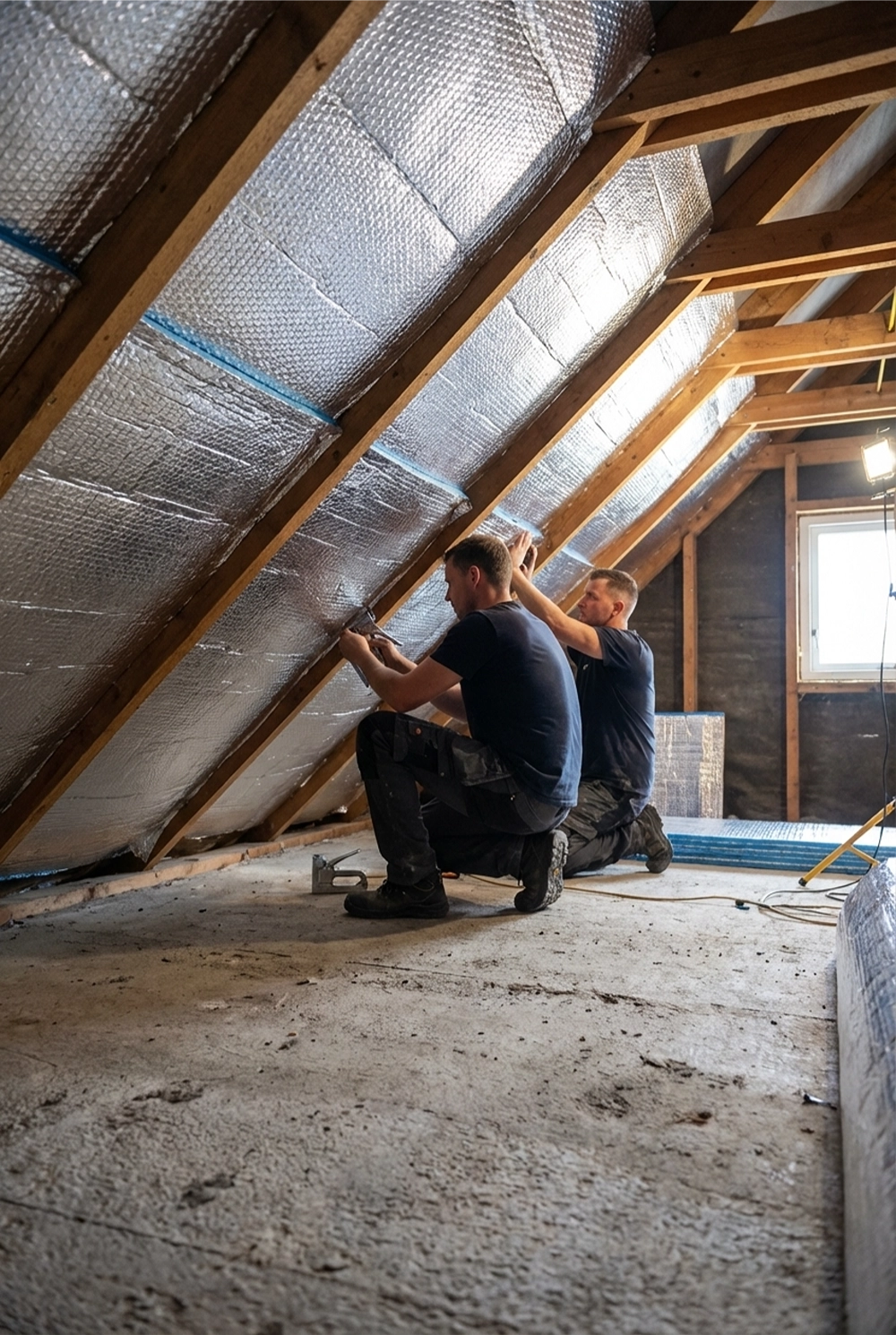 Dwóch monterów izolacji poddasza montuje refleksyjne maty między drewnianymi krokwiami pod skosem dachu