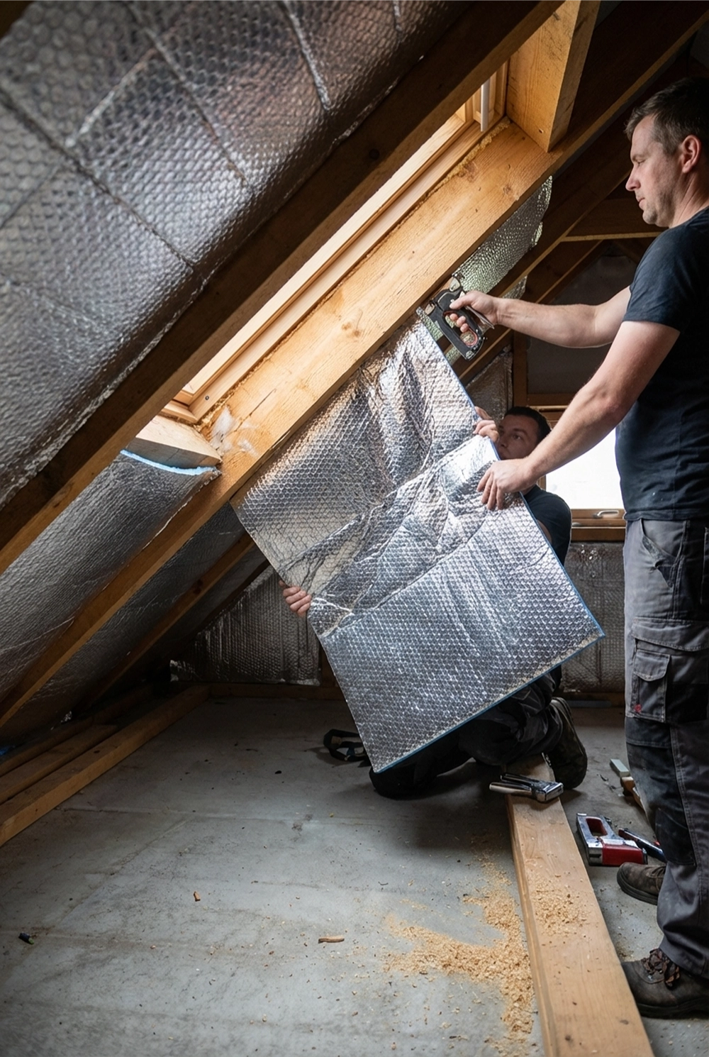 Montaż izolacji poddasza z refleksyjnych mat termoizolacyjnych na krokwi drewnianych pod skosem dachu
