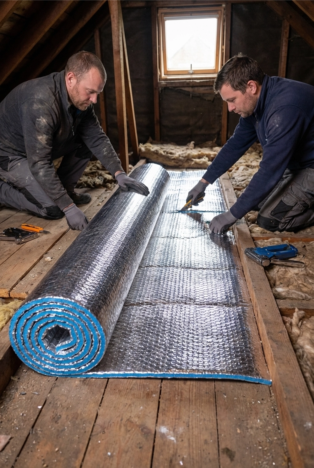 Izolacja poddasza: dwaj pracownicy rozkładają refleksyjną matę termoizolacyjną