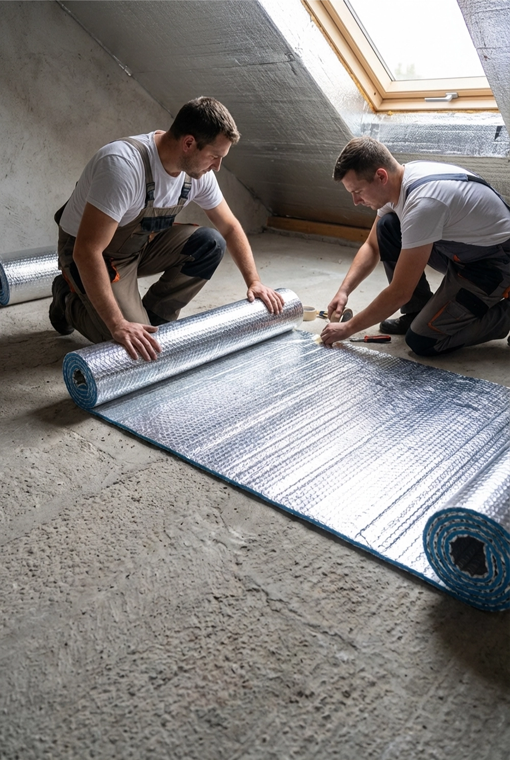 Dwóch pracowników układa refleksyjny materiał termoizolacyjny na poddaszu, izolacja poddasza