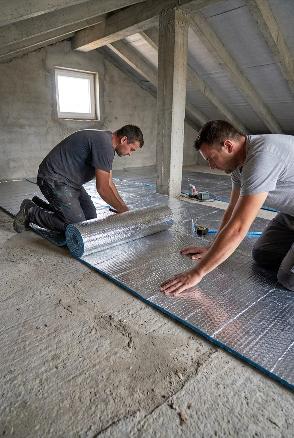 Izolacja poddasza – dwóch monterów rozwija matę refleksyjną na stropie betonowym