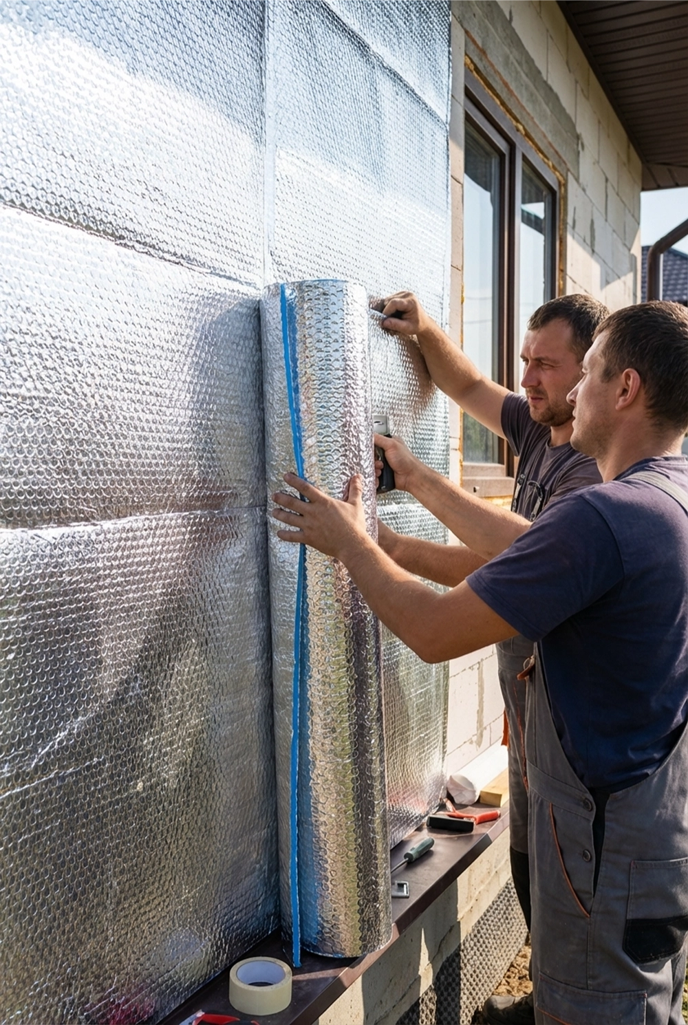 Dwóch monterów przykleja refleksyjną matę izolacyjną na zewnętrzną ścianę budynku – ocieplenie ścian i izolacja termiczna