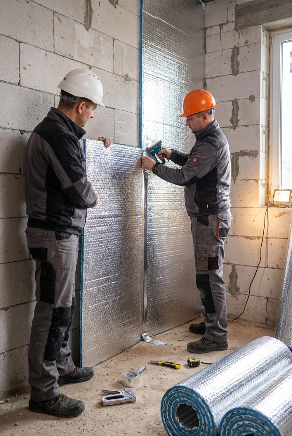 Dwóch robotników montuje na ścianie maty termoizolacyjne odbijające ciepło podczas ocieplenia ścian od wewnątrz
