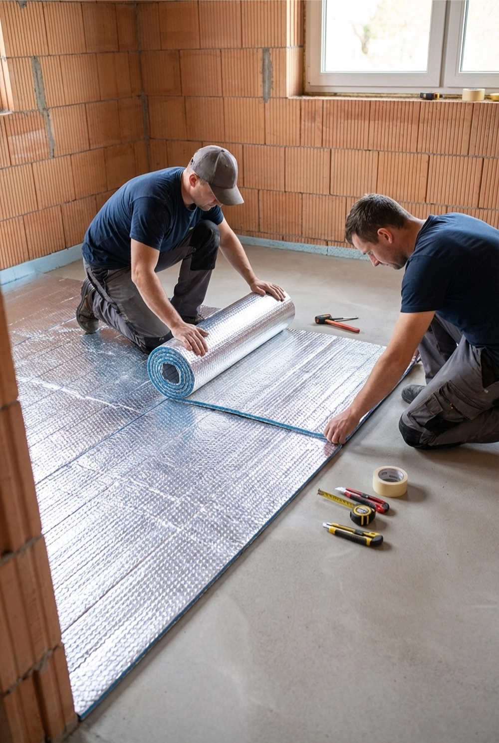 Dwóch monterów układa folię termoizolacyjną na betonowej posadzce, przygotowując izolację podłogi