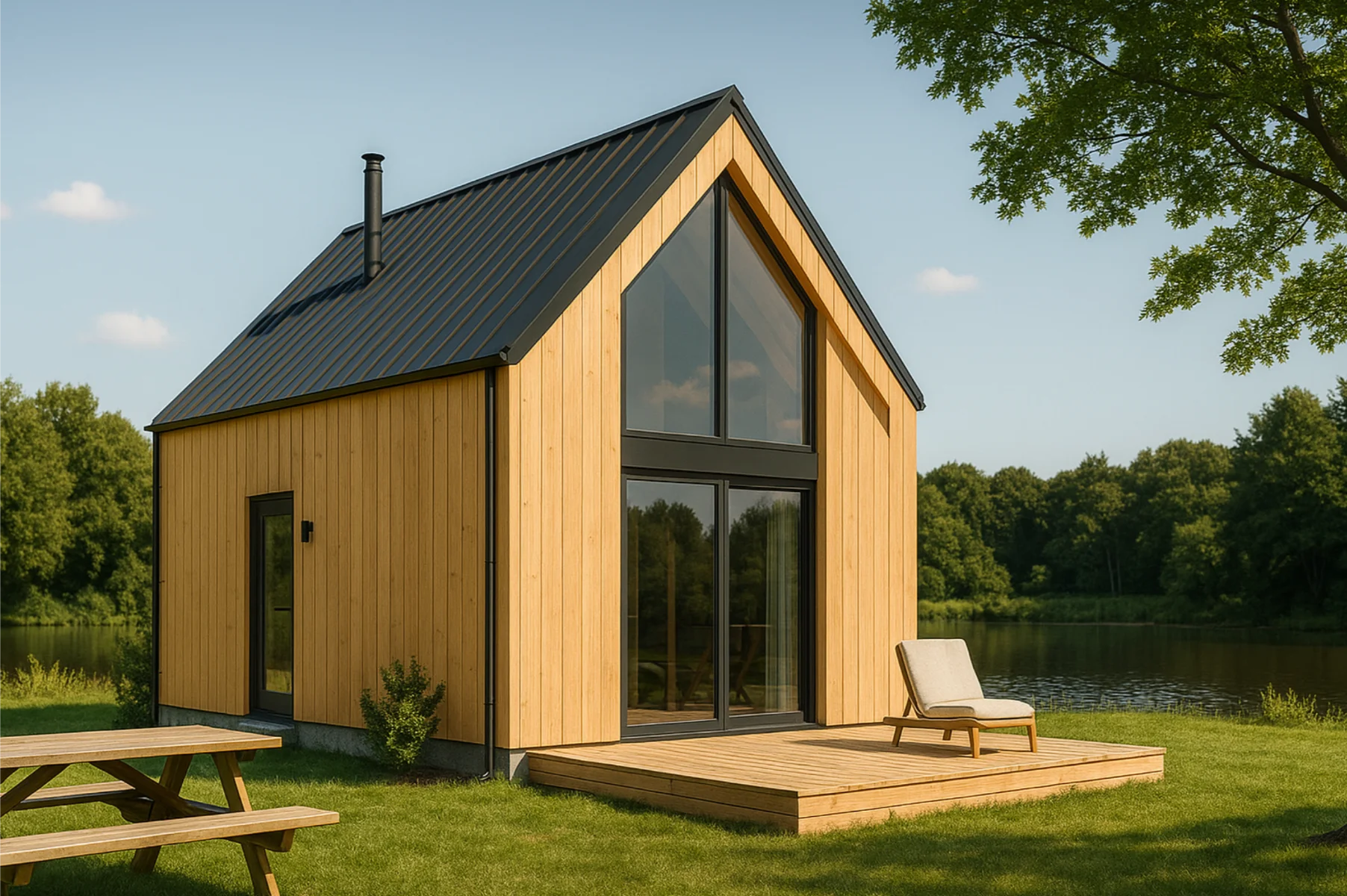 Drewniany domek z czarnym dachem i tarasem nad jeziorem ilustrujący ocieplanie dachu